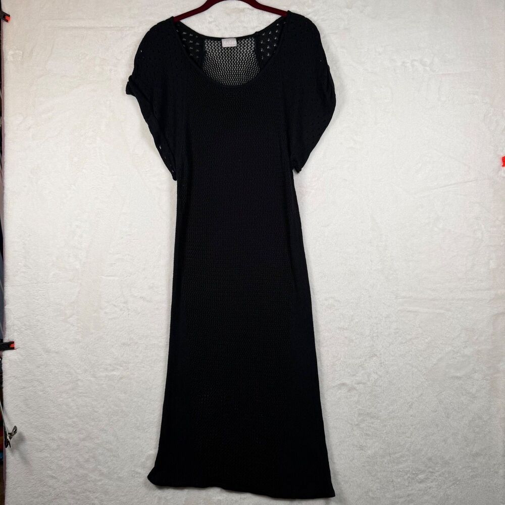 Lala Berlin Black Open Knit Midi Dress Small Sheer Mesh Short Sleeve Scoop Neck